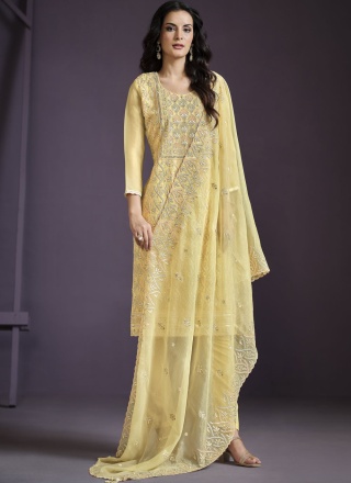 Yellow Lucknowi work Chiffon Designer Salwar Kameez