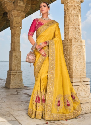 Yellow Pure Crepe Wedding Contemporary Saree