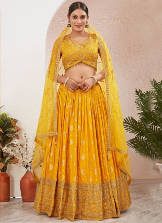 Yellow pure-dola Engagement Readymade Lehenga Choli