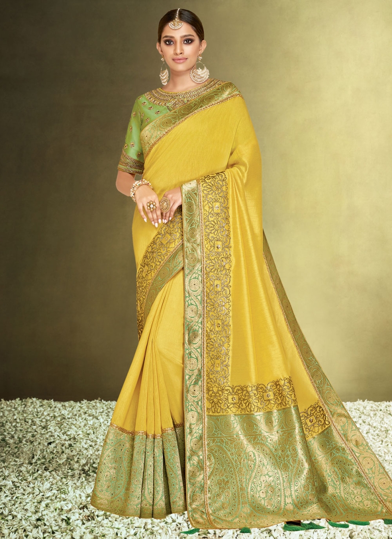 Yellow Satin Silk Contemporary Saree