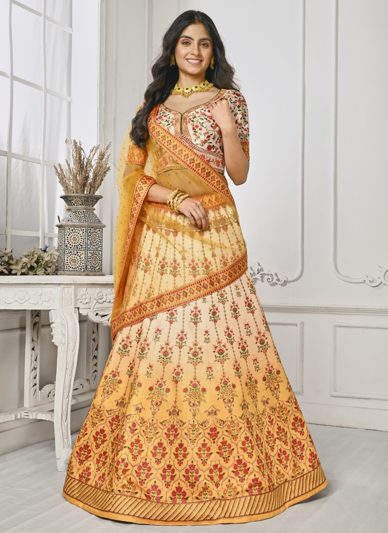 Yellow Banarasi Silk Sangeet Lehenga Choli -