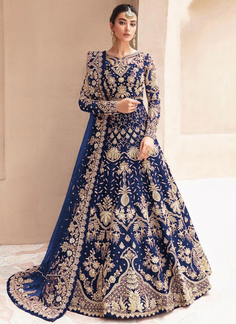 Zari Net Floor Length Gown in Navy Blue