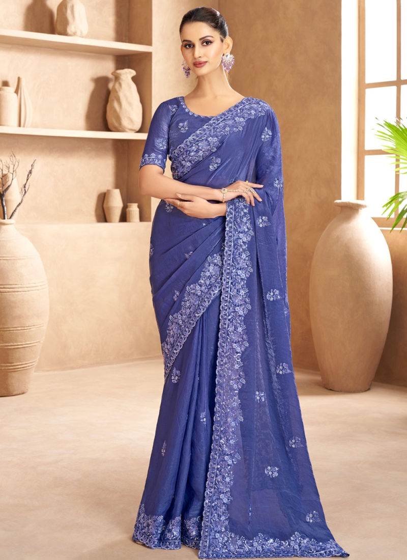 Zari Satin Classic Saree in Blue