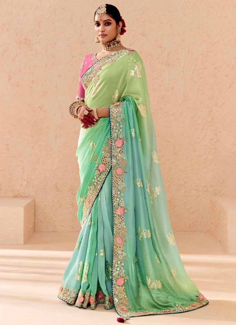 Zari Silk Traditional Saree in Green and Turquoise