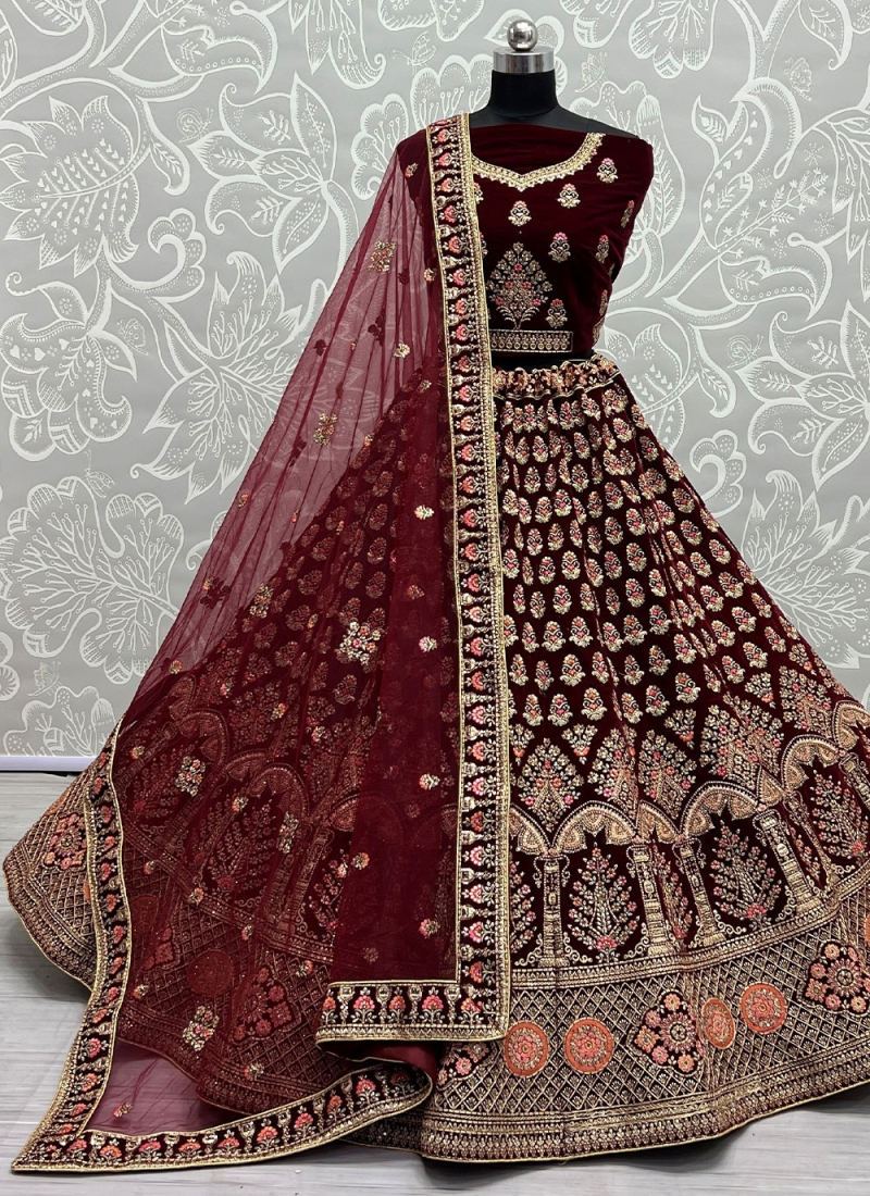 Maroon and Pink Embroidered Velvet Lehenga | Bridal lehenga choli, Designer  bridal lehenga, Designer bridal lehenga choli