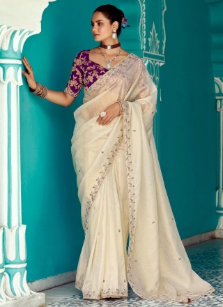 Zesty Off White Glass Tissue Classic Saree